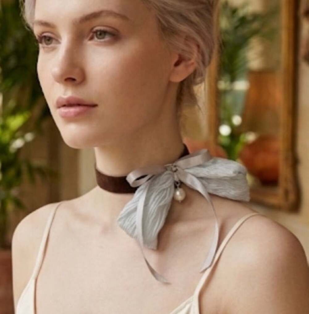 Handmade Mink Brown Velvet Choker with Offset Avant Garde Pale Blue Bow & Pearl